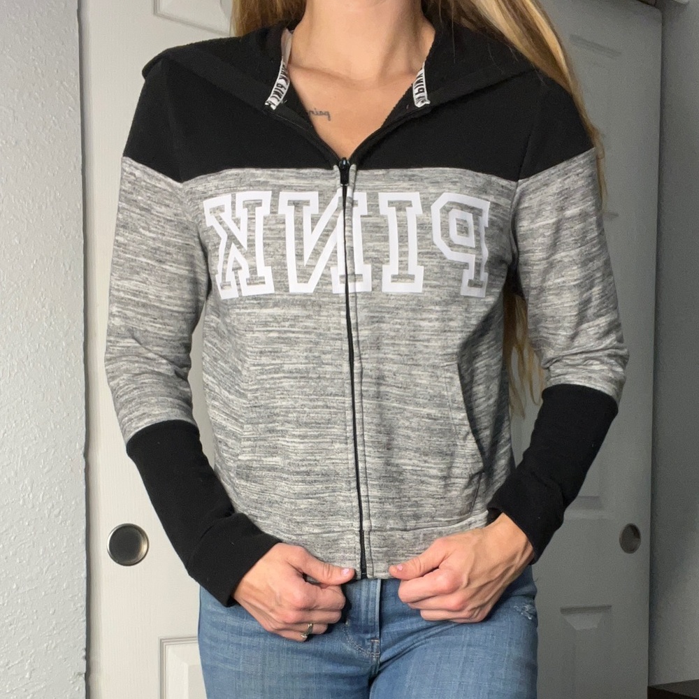 PINK Victoria’s Secret black, white and grey zip up hoodie